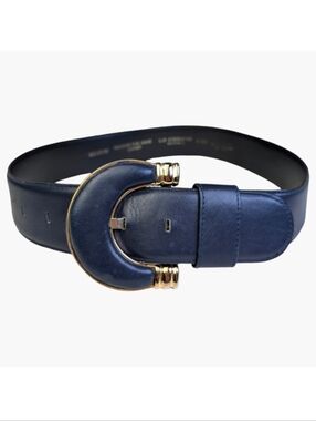 Vintage Liz Claiborne Navy Leather Wide Belt With Gold Buckle | Medium